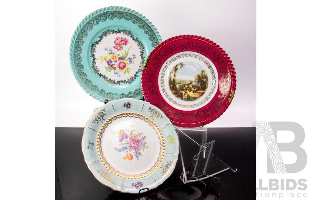 Collection Three Vintage Continental Cabinet Plates with Plate Stand and Two Wall Wires