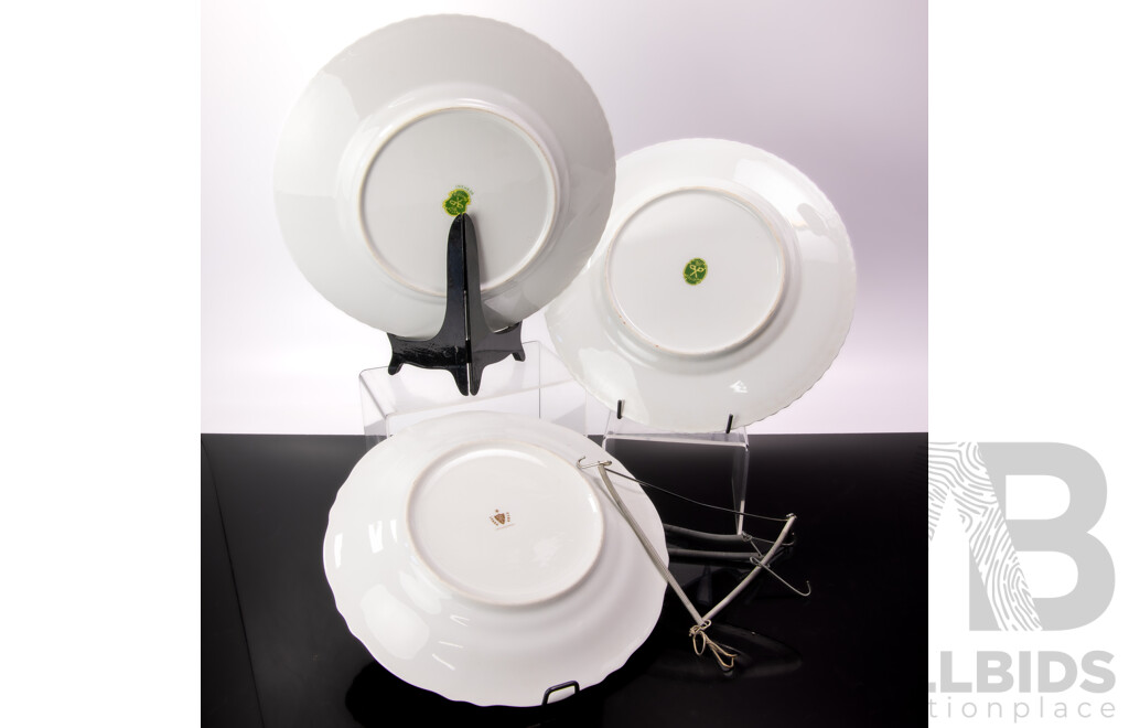 Collection Three Vintage Continental Cabinet Plates with Plate Stand and Two Wall Wires