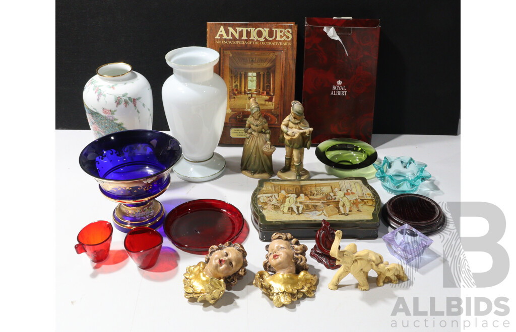 Collection Decorator Items Including Retro Glass, Peacock Themed Limited Edition Japanese Vase on Wooden Stand and More