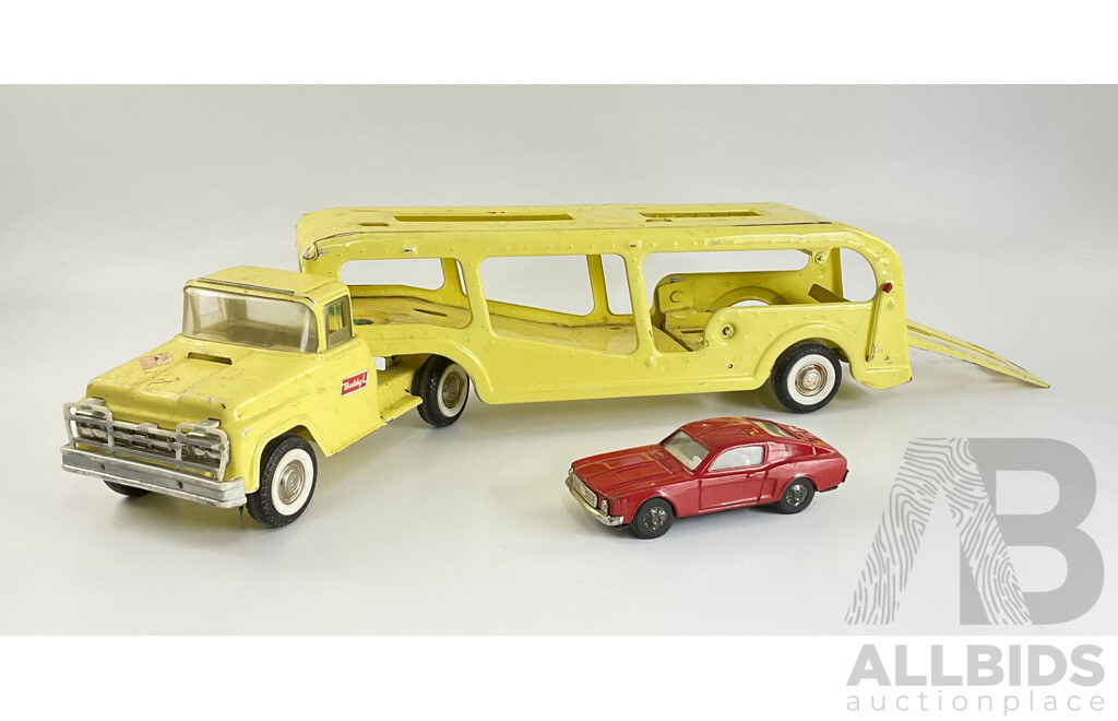 Vintage Buddy L Pressed Steel Car Transporter with Ford Mustang