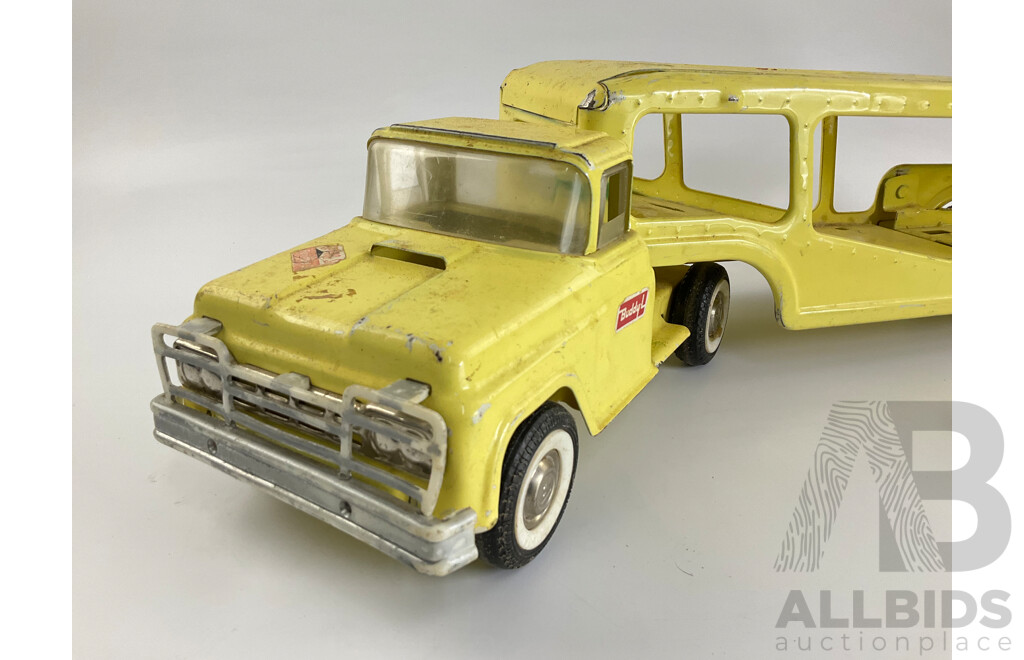 Vintage Buddy L Pressed Steel Car Transporter with Ford Mustang