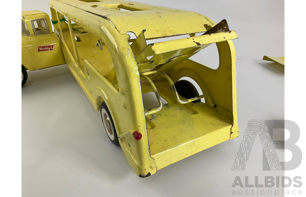 Vintage Buddy L Pressed Steel Car Transporter with Ford Mustang