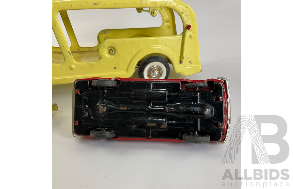 Vintage Buddy L Pressed Steel Car Transporter with Ford Mustang