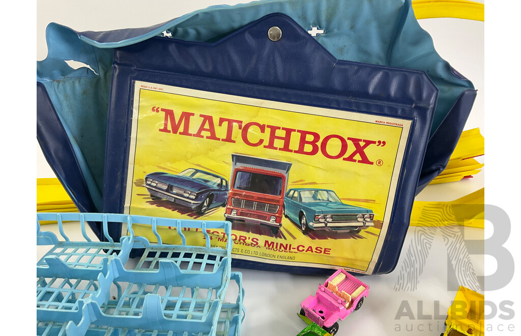 Collection of Vintage Diecast Matchbox Vehicles with Car Case and Loop Track