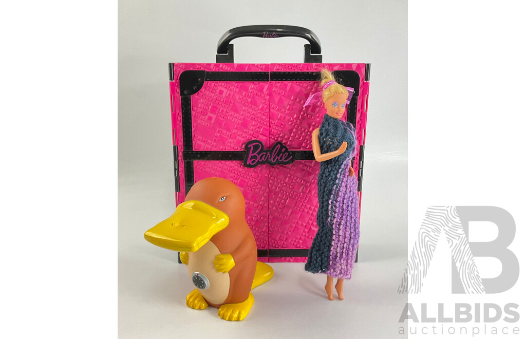 Barbie Doll with Hand Made Outfit, Fashion Cupboard Box and Commonwealth Bank Platypus Money Box