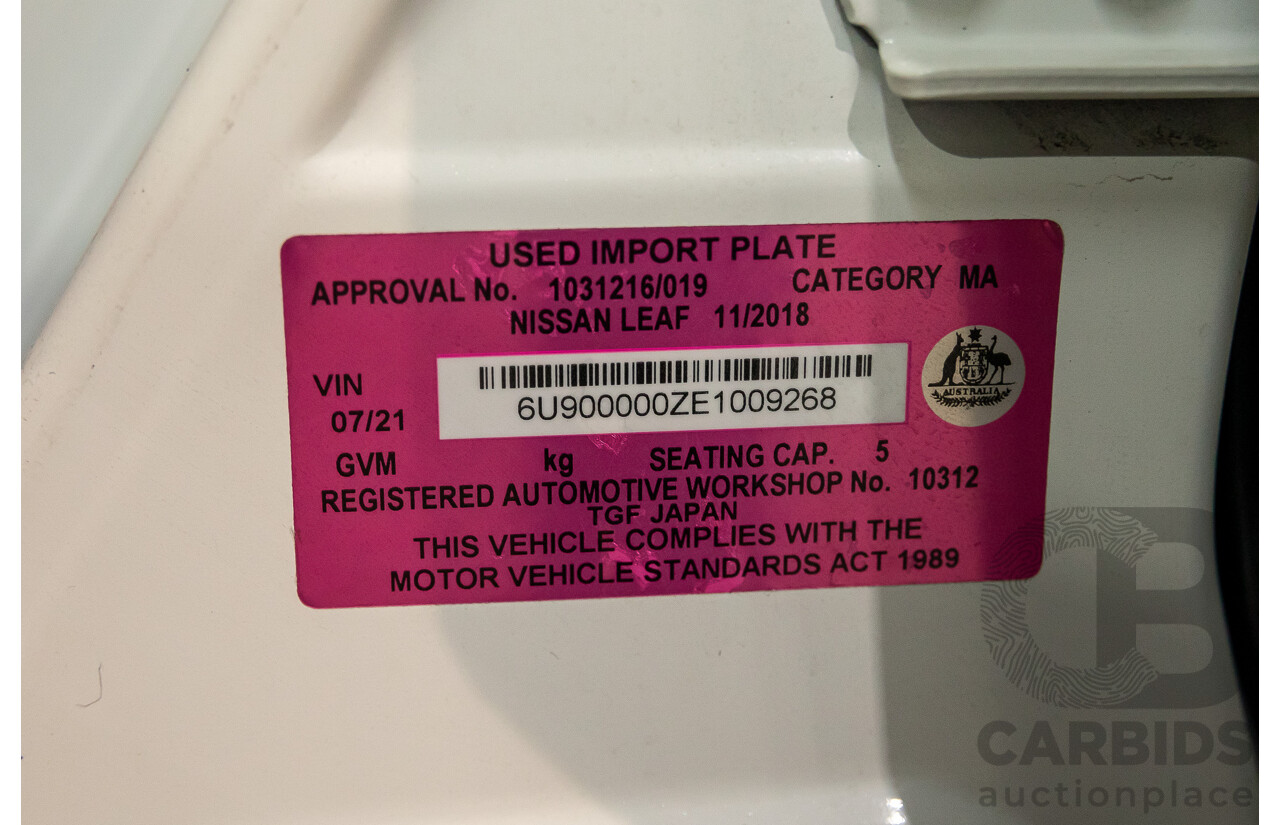 11/2018 Nissan Leaf (FWD) ZE1 5d Hatchback Ivory Pearl /Dark Blue Pearl Dedicated Electric EV AC110kW - 07/21 Import