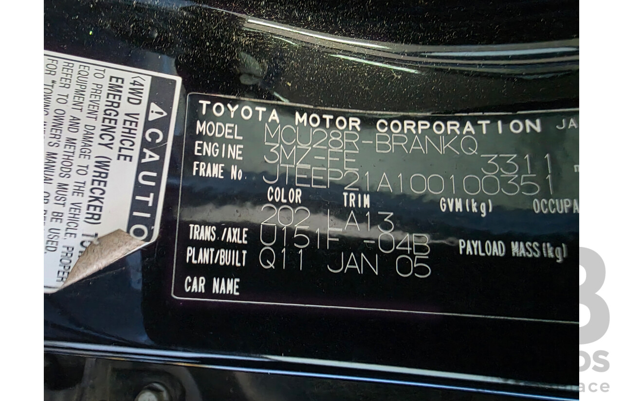 2/2005 Toyota Kluger CVX (AWD) MCU28R 4d Wagon Black 3.3L - 7 Seats