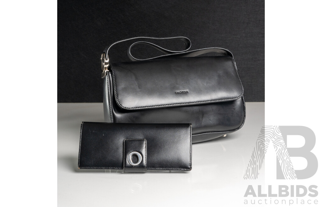 Oroton Black Leather Clutch Handbag & Matching Slim Clutch Wallet/purse, in Original Presentation Box/Dust Bag