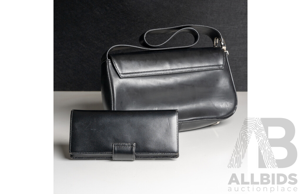 Oroton Black Leather Clutch Handbag & Matching Slim Clutch Wallet/purse, in Original Presentation Box/Dust Bag