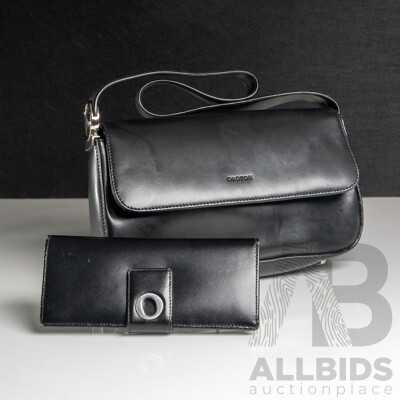 Oroton Black Leather Clutch Handbag & Matching Slim Clutch Wallet/purse, in Original Presentation Box/Dust Bag