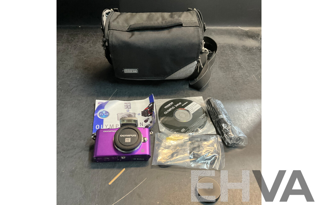 OLYMPUS Pen Mini E-PM1 Digital Camera - Purple (Body Only) with Thinktank Camera Bag