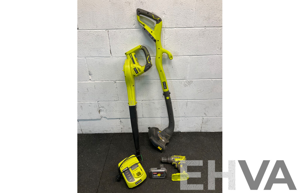 RYOBI 18V Bundle, Including Blower, Trimmer, Drill Driver, Charger and Battery - Lot of 5