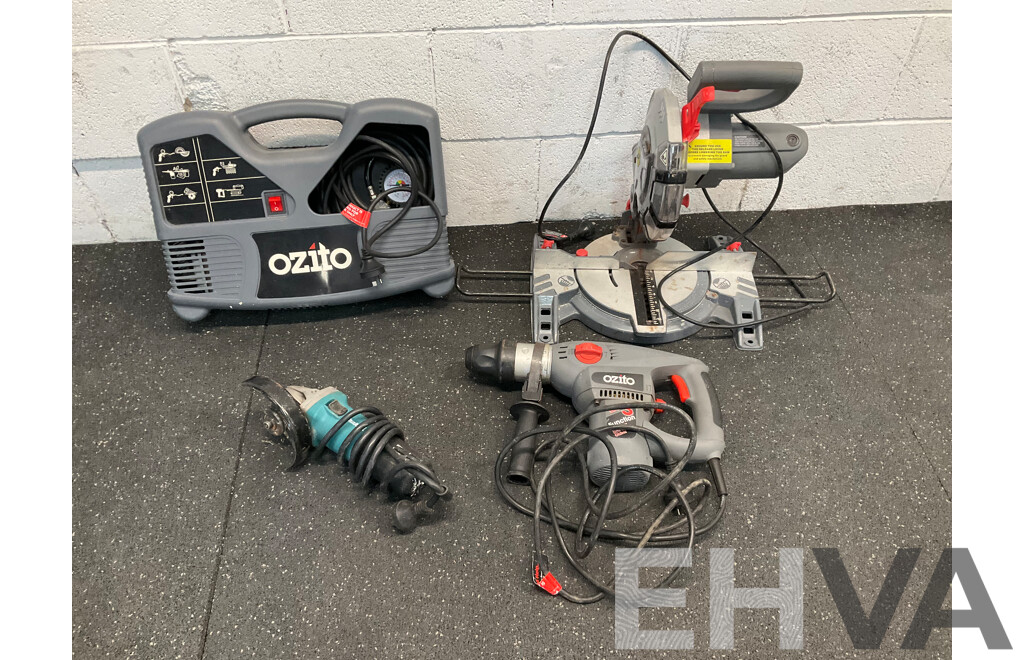MAKITA Angle Grinder and OZITO Bundle, Including Inflator, Mitre Saw and Hammer Drill - Lot of 4