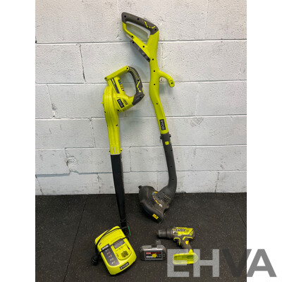 RYOBI 18V Bundle, Including Blower, Trimmer, Drill Driver, Charger and Battery - Lot of 5