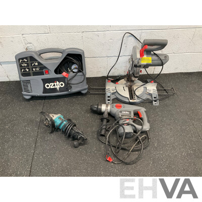 MAKITA Angle Grinder and OZITO Bundle, Including Inflator, Mitre Saw and Hammer Drill - Lot of 4