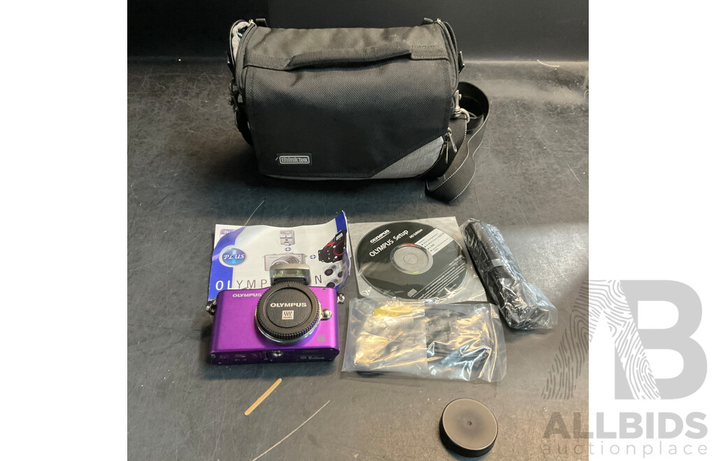 OLYMPUS Pen Mini E-PM1 Digital Camera - Purple (Body Only) with Thinktank Camera Bag