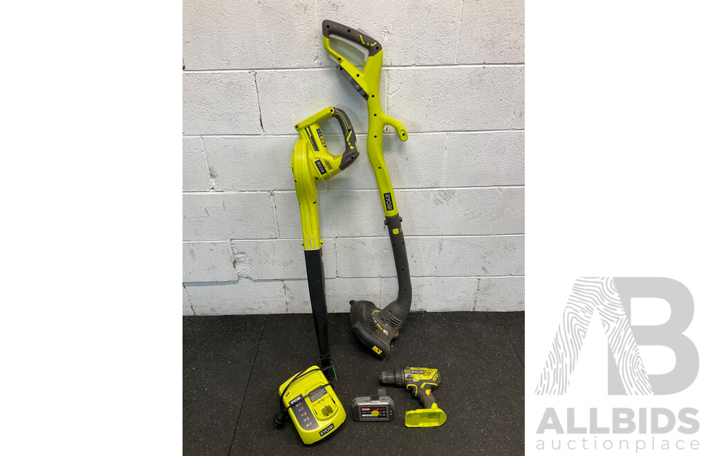RYOBI 18V Bundle, Including Blower, Trimmer, Drill Driver, Charger and Battery - Lot of 5