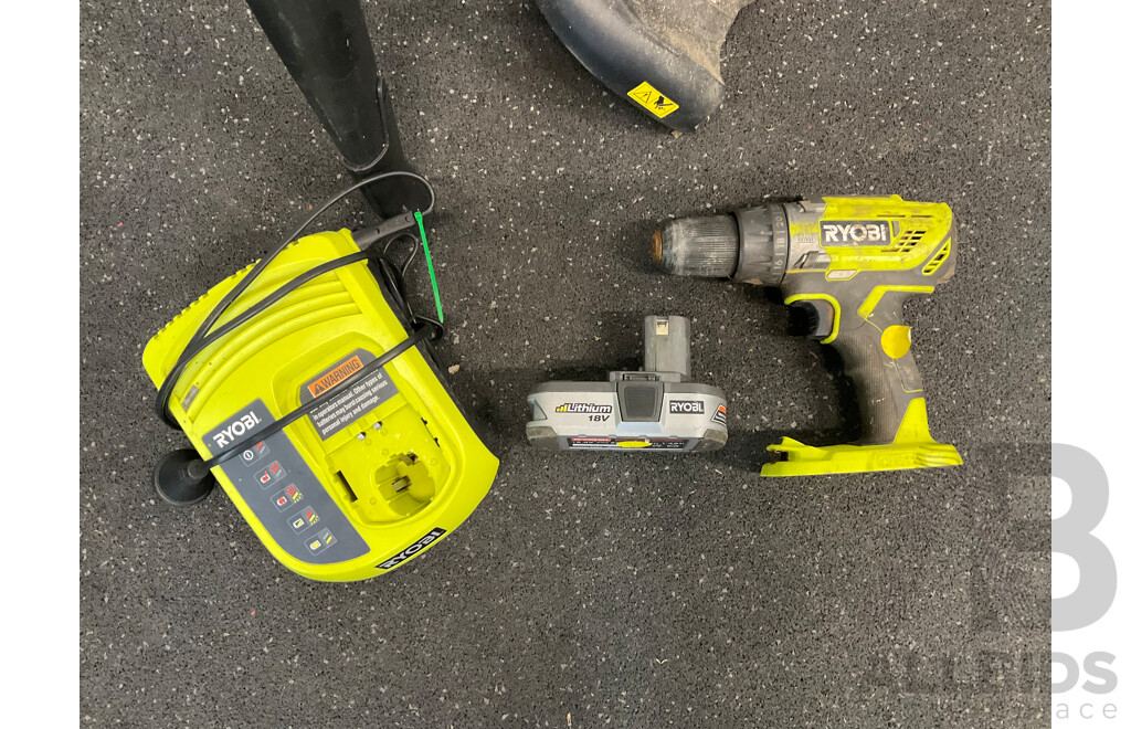RYOBI 18V Bundle, Including Blower, Trimmer, Drill Driver, Charger and Battery - Lot of 5
