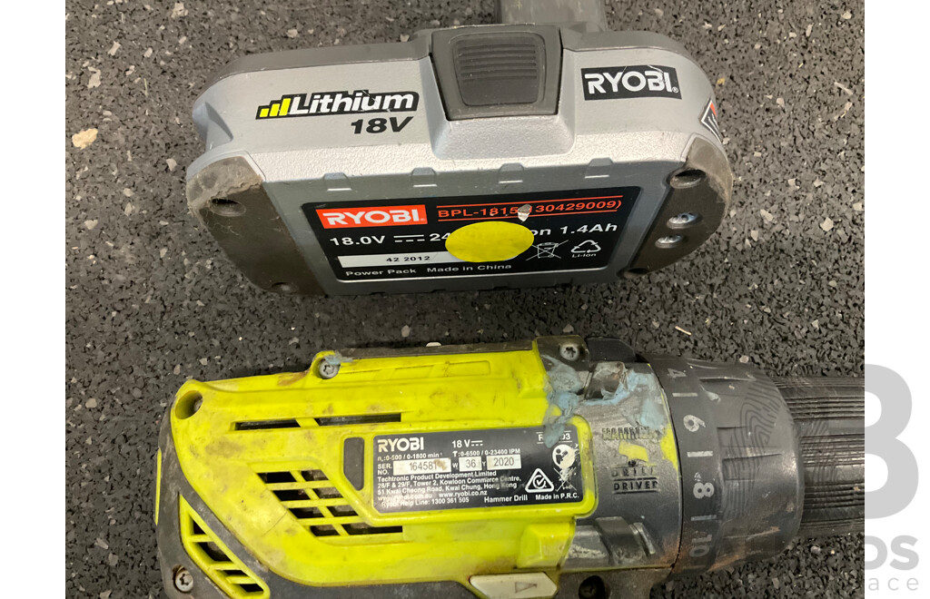 RYOBI 18V Bundle, Including Blower, Trimmer, Drill Driver, Charger and Battery - Lot of 5