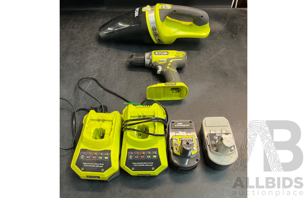 RYOBI CHV182 Hand Vacuum & RCD1802 Compact Drill Driver & 2 X Batteries & 2 X Chargers
