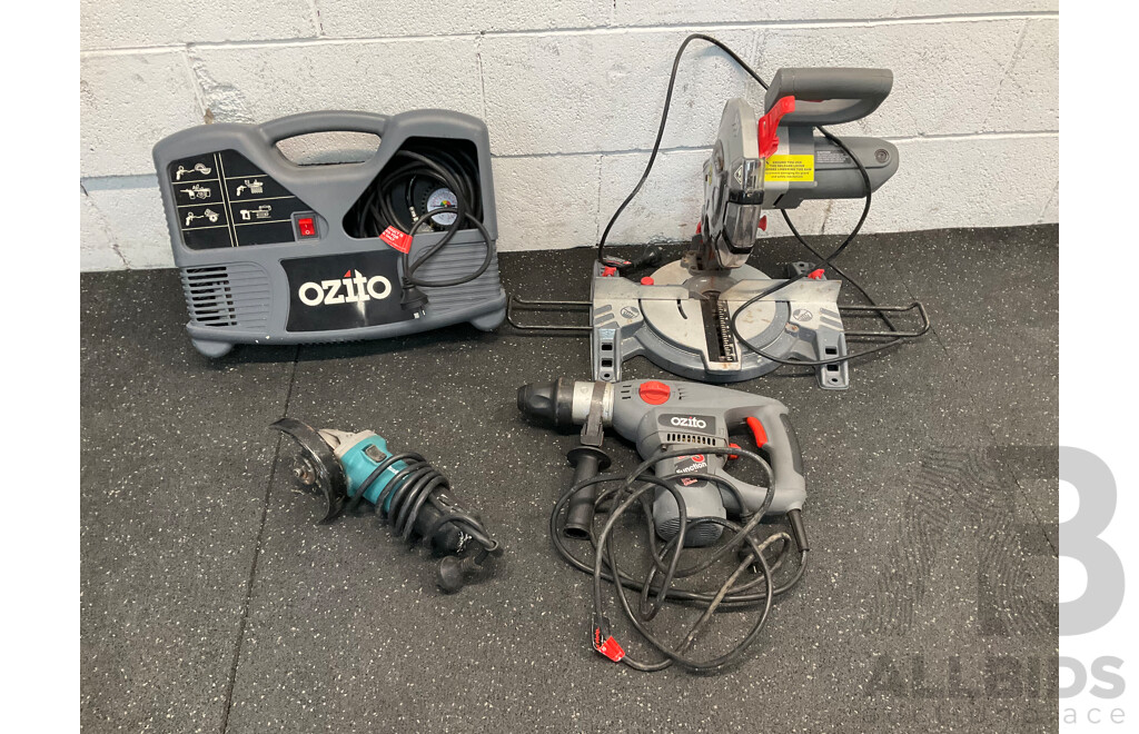 MAKITA Angle Grinder and OZITO Bundle, Including Inflator, Mitre Saw and Hammer Drill - Lot of 4