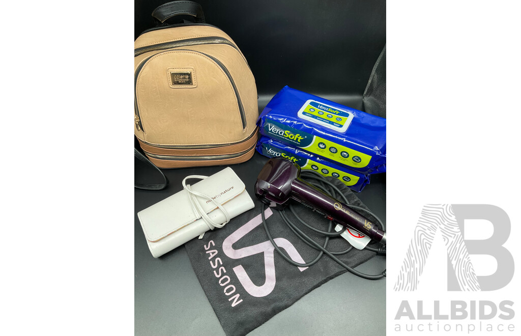 COLETTE Backpack, VS Curl Secret, NUDE by NATURE Brush Set and Vera Soft Wet Wipes  - Lot of 5