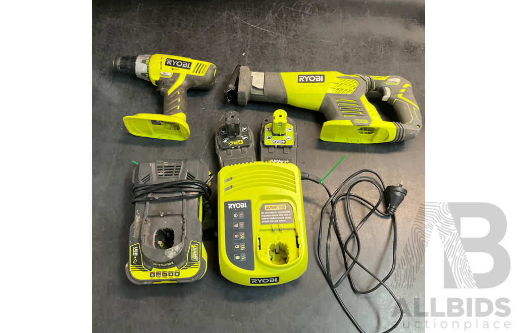 RYOBI RRS1801 Compact Reciprocating Saw & CIDD18V2 Cordless Hammer Drill & 2 X Batteries & 2 X Chargers