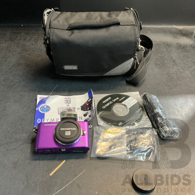 OLYMPUS Pen Mini E-PM1 Digital Camera - Purple (Body Only) with Thinktank Camera Bag