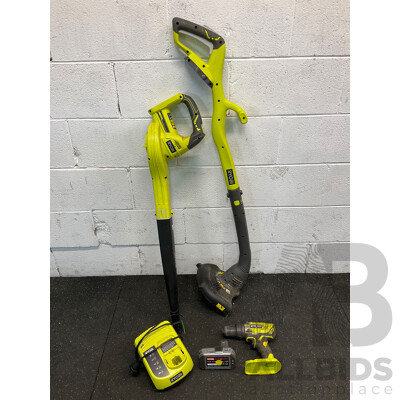RYOBI 18V Bundle, Including Blower, Trimmer, Drill Driver, Charger and Battery - Lot of 5