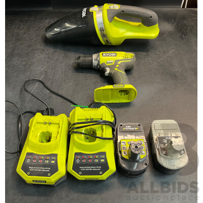 RYOBI CHV182 Hand Vacuum & RCD1802 Compact Drill Driver & 2 X Batteries & 2 X Chargers