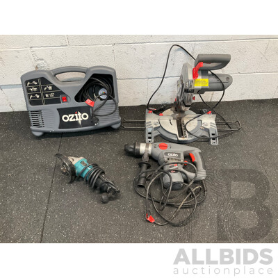 MAKITA Angle Grinder and OZITO Bundle, Including Inflator, Mitre Saw and Hammer Drill - Lot of 4