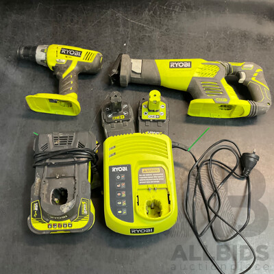 RYOBI RRS1801 Compact Reciprocating Saw & CIDD18V2 Cordless Hammer Drill & 2 X Batteries & 2 X Chargers