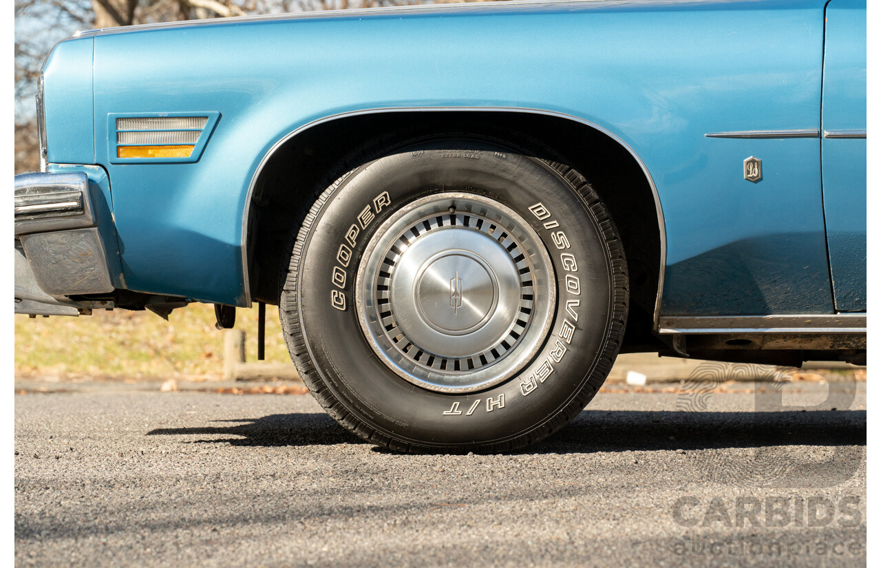 01/1975 Oldsmobile Ninety-Eight 98 Luxury 4d Sedan Specter Blue / White Vinyl V8 455ci V8 7.5L