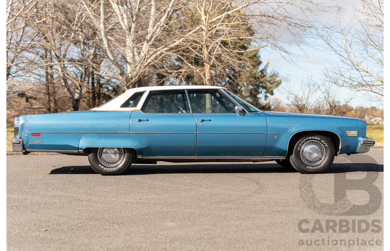 01/1975 Oldsmobile Ninety-Eight 98 Luxury 4d Sedan Specter Blue / White Vinyl V8 455ci V8 7.5L