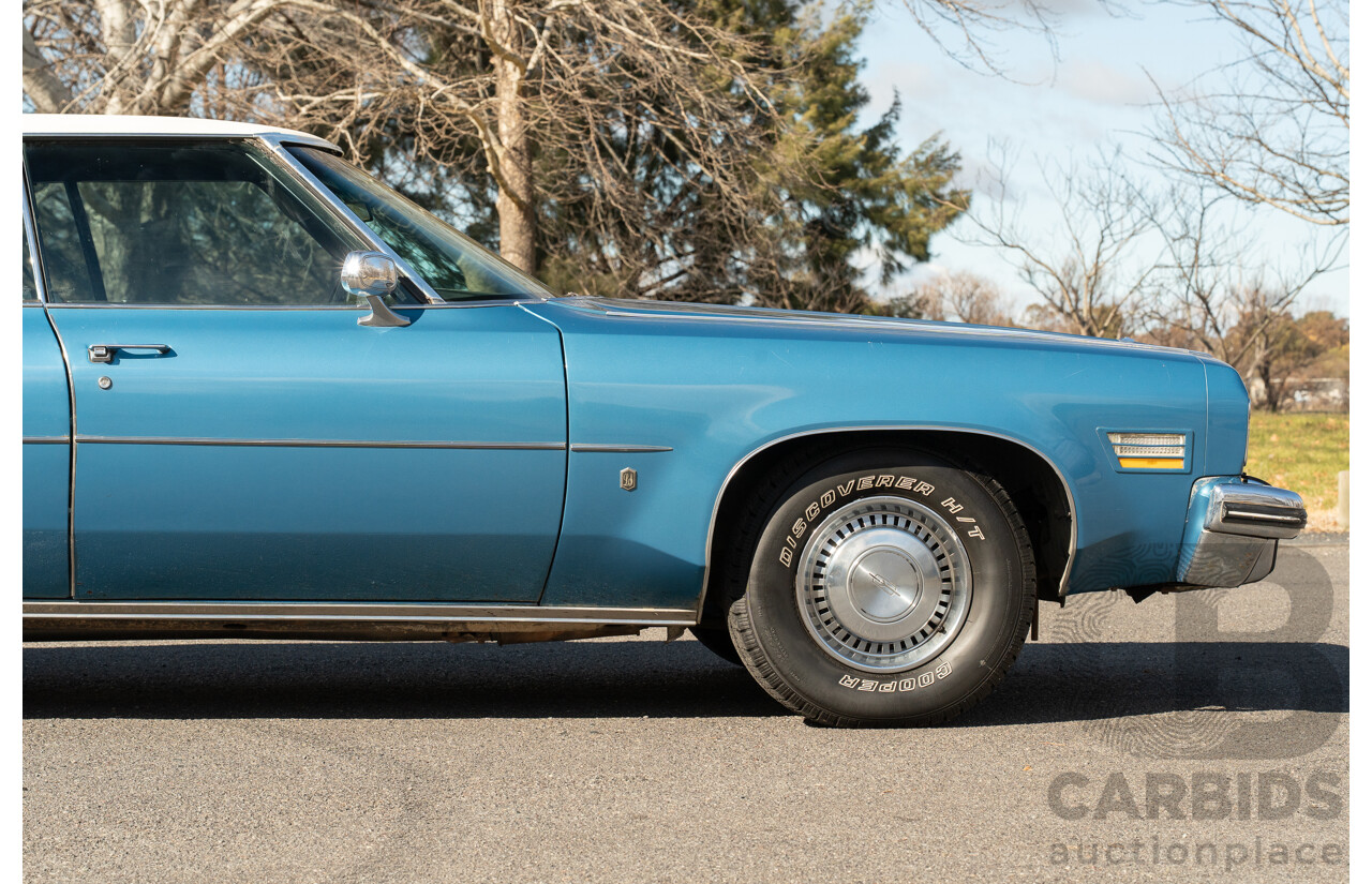 01/1975 Oldsmobile Ninety-Eight 98 Luxury 4d Sedan Specter Blue / White Vinyl V8 455ci V8 7.5L