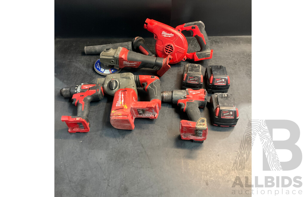 Assorted Milwaukee Tools Includs Rotary Hammer , Angle Grinder , Blower , Batteries & More - Lot of 9
