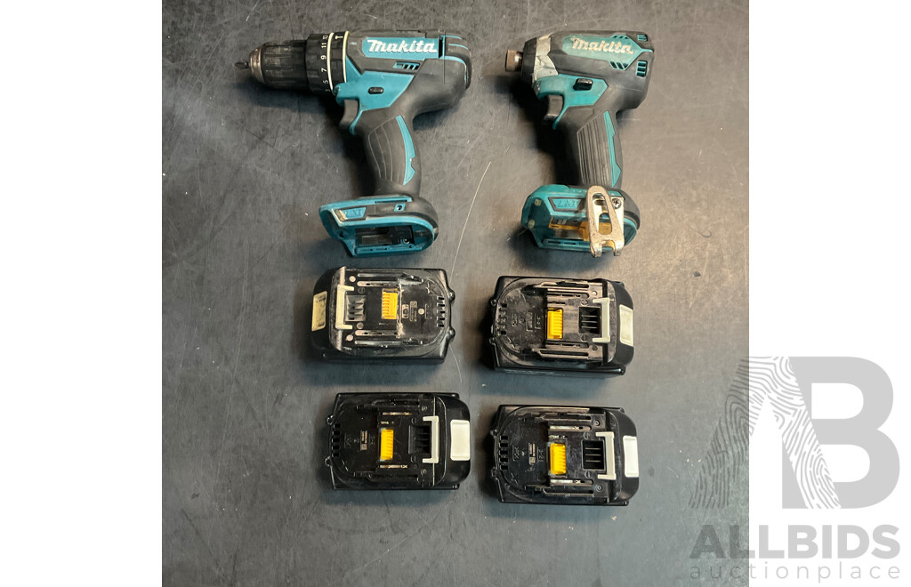 Makita DHP482 Hammer Driver Drill  & DTD153 Impact Driver with 4 Batteries - Lot of 6