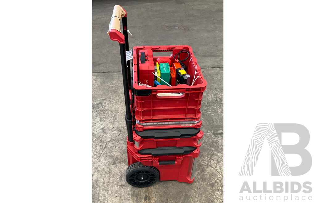 Milwaukee Packout Stackable Tool Boxes with Assorted Hand Tools, Batteries, Screws & More