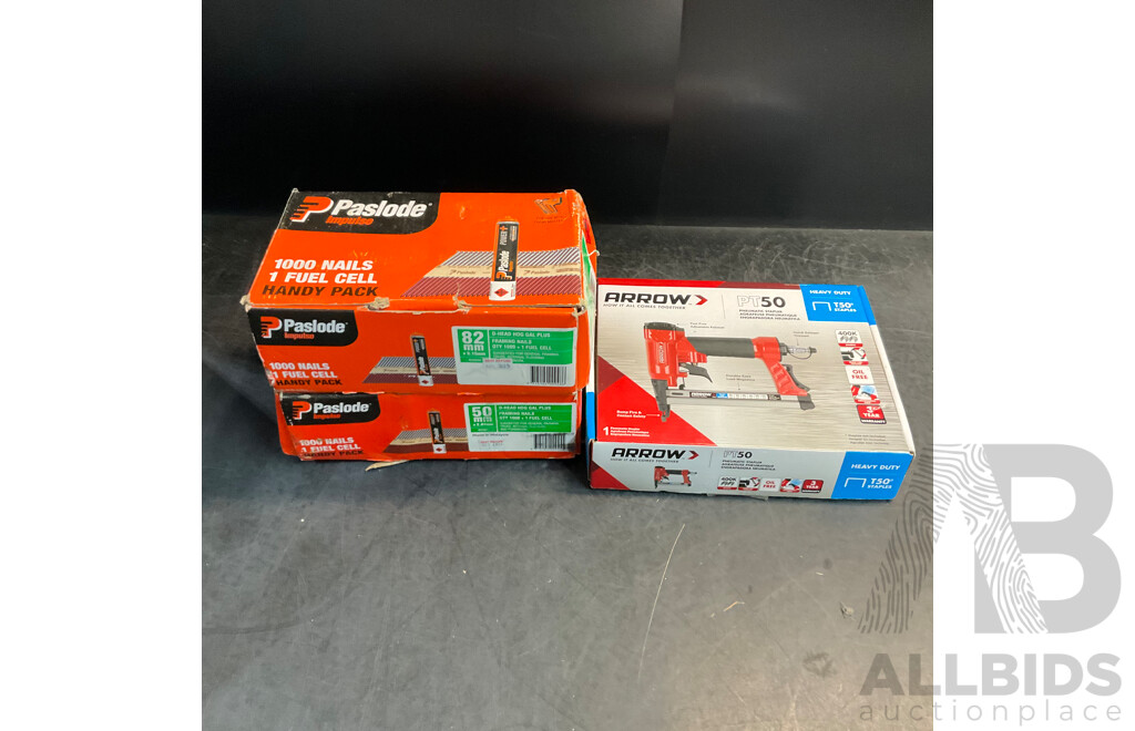 ARROW PT50 Pneumatic Stapler & Paslode Nails Handy Pack X2