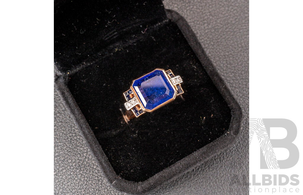 14ct Tanzanite (6.94ct), Sapphire & Diamond Set Cocktail Ring in Rose Gold, Size O, 4.92 Grams