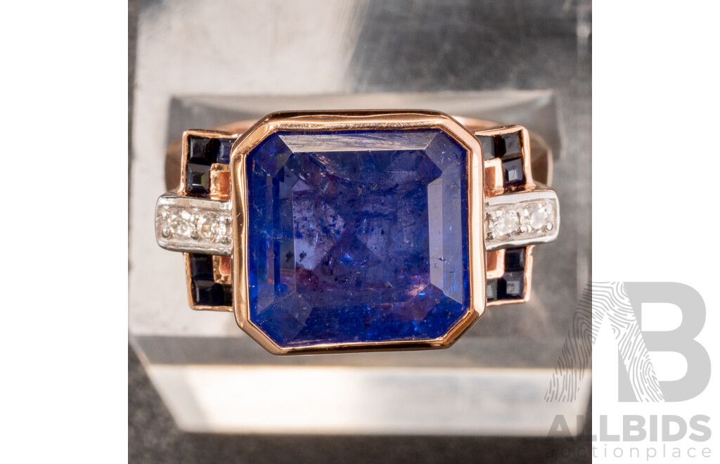 14ct Tanzanite (6.94ct), Sapphire & Diamond Set Cocktail Ring in Rose Gold, Size O, 4.92 Grams