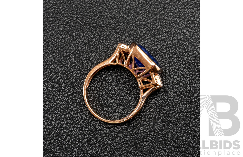 14ct Tanzanite (6.94ct), Sapphire & Diamond Set Cocktail Ring in Rose Gold, Size O, 4.92 Grams