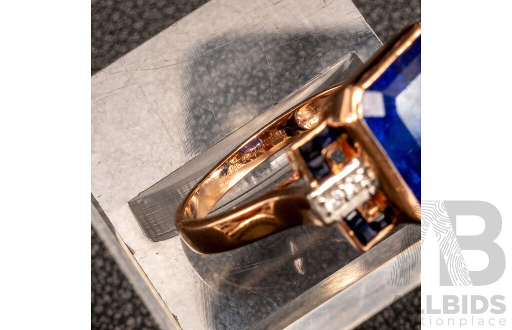 14ct Tanzanite (6.94ct), Sapphire & Diamond Set Cocktail Ring in Rose Gold, Size O, 4.92 Grams