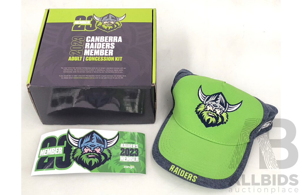 NRL Canberra Raiders 2023 Member Adult Concession Kit Box Containing Cap and Sticker