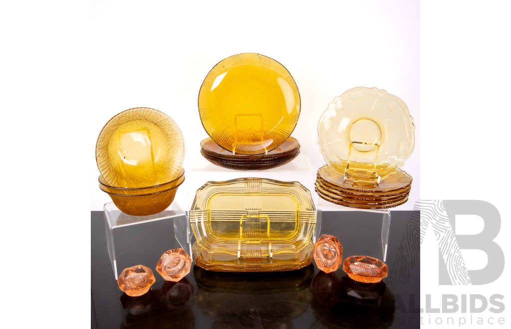Collection Amber Cut & Pressed Glass Along with Two Sets Pink Glass Votives