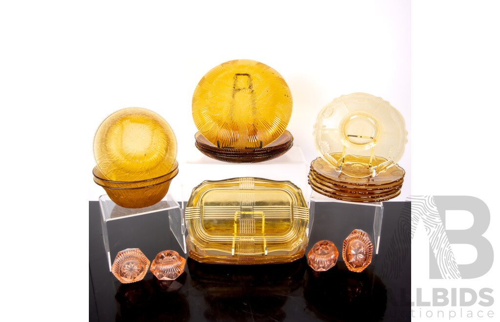 Collection Amber Cut & Pressed Glass Along with Two Sets Pink Glass Votives