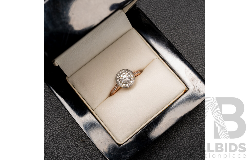 14ct Rose Gold Handmade Art Deco Style Diamond Halo Engagement Ring, TDW 0.90ct, Size M, 4.29 Grams