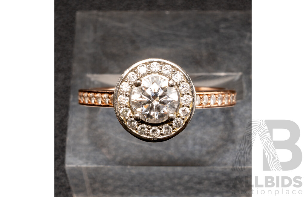 14ct Rose Gold Handmade Art Deco Style Diamond Halo Engagement Ring, TDW 0.90ct, Size M, 4.29 Grams