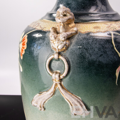 Vintage Japanese Porcelain Satsuma Style Vase with Hand Painted Foliate and Avian Motif and Twin Pho Dog Handles