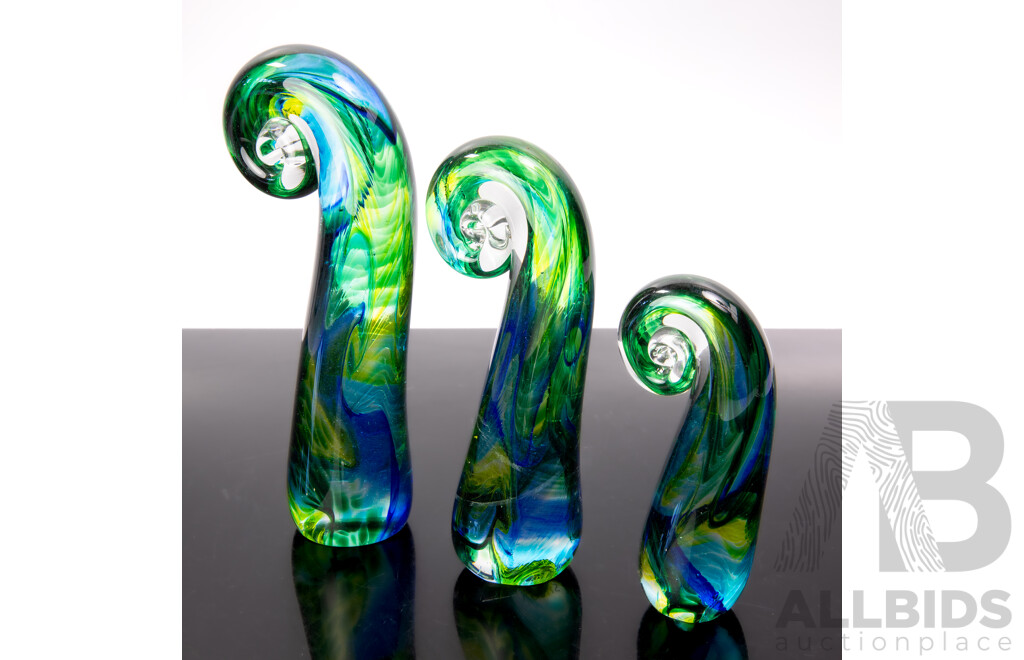 Three Hand Blown Studio Art Glass Koro Fern Shoots by Venus Hot Glass, New Zealand